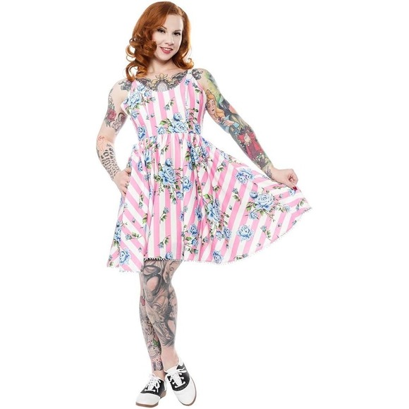 Sourpuss Dresses & Skirts - NWT Sourpuss Sweets Carousel Roses Pink Stripe Swing Dress Size S Pinup Punk